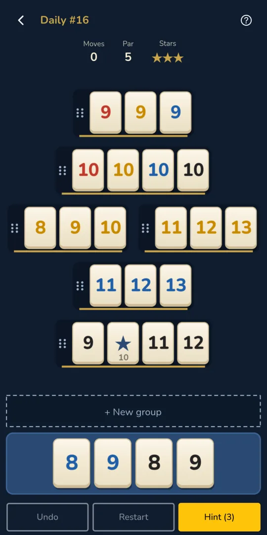 Istaka daily puzzle #16: six groups on the table, four tiles on the rack, Moves, Par and Stars at the top, Undo, Restart and Hint buttons at the bottom