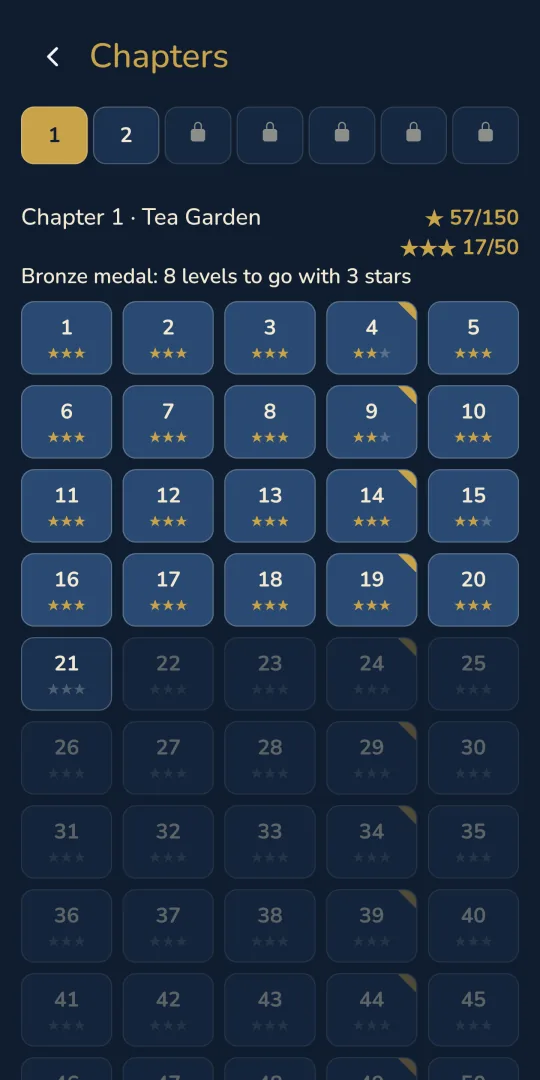Istaka chapter map: seven chapter tabs (the first two open), Chapter 1 Tea Garden, a 50-level grid with stars earned and a bronze medal goal