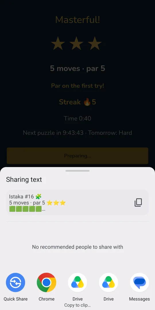Istaka daily result shared as text through the Android share sheet: puzzle number, moves, par, stars and coloured squares