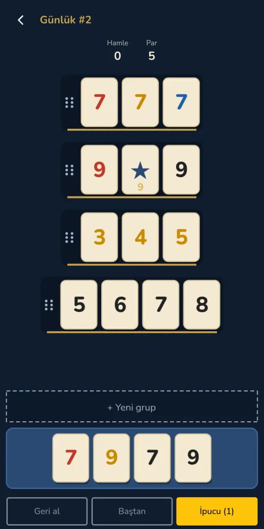 Istaka daily puzzle screen, Turkish interface: four groups on the table, four tiles on the rack, Undo, Restart and Hint buttons