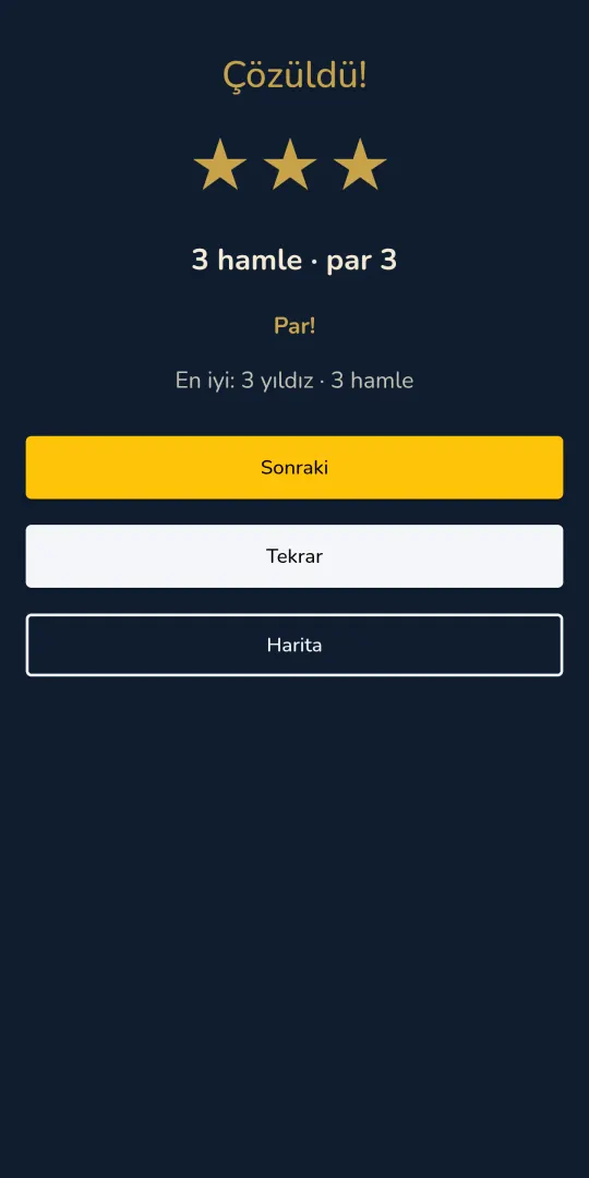 Istaka result screen: solved with three stars, 3 moves at par 3