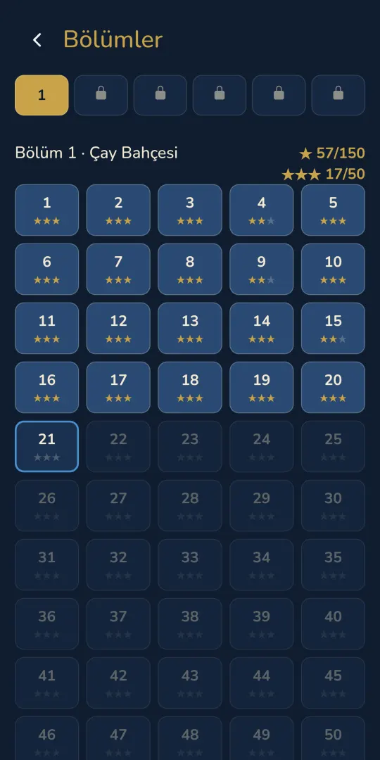 Istaka chapter map: Chapter 1 Tea Garden, a 50-level grid with stars earned