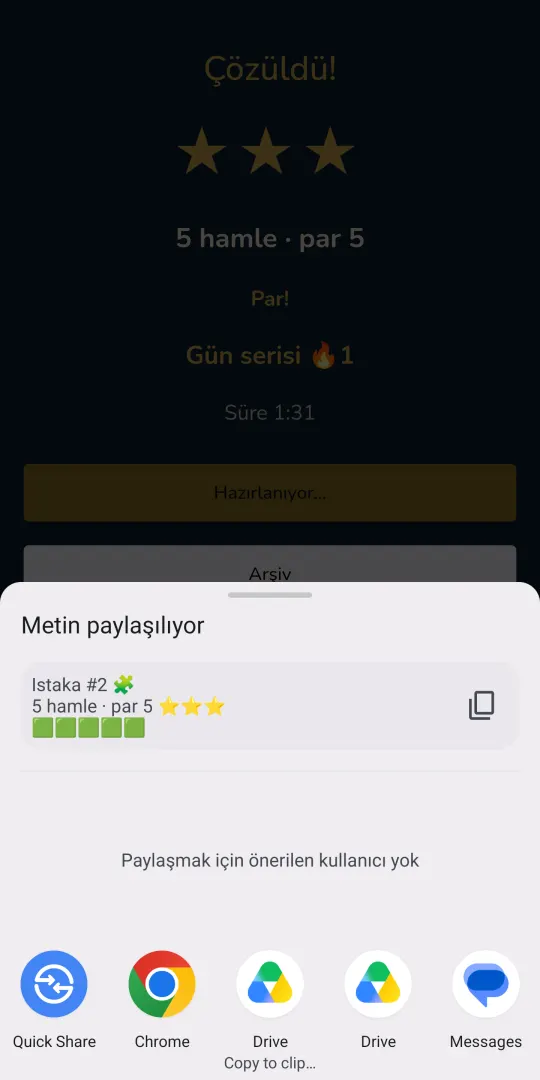 Istaka daily result shared as text through the Android share sheet