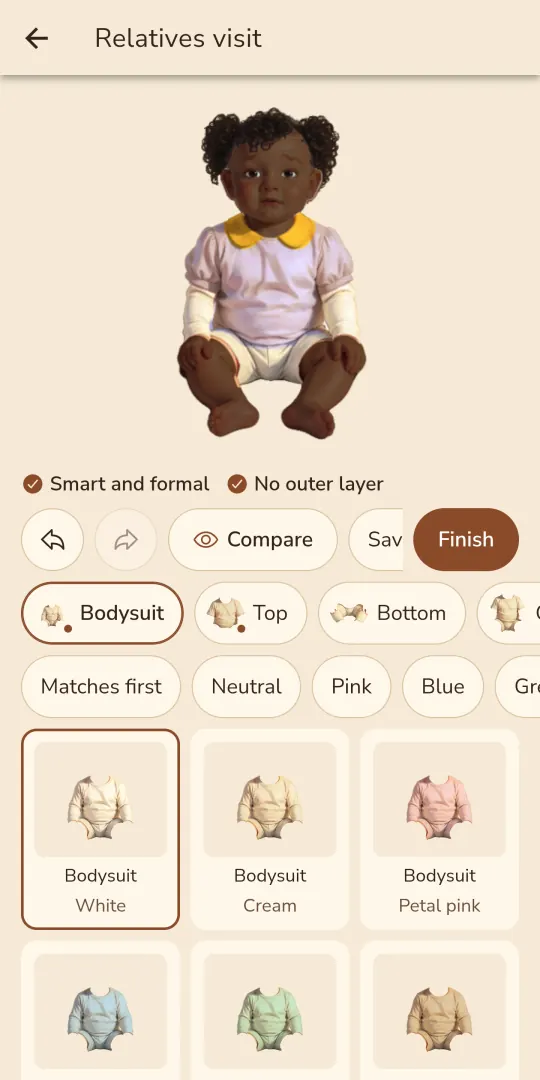 Patik dress-up screen: a dressed doll at the top, brief checkmarks, Undo, Compare and Finish buttons, garment-type and color chips, and garment tiles with color names