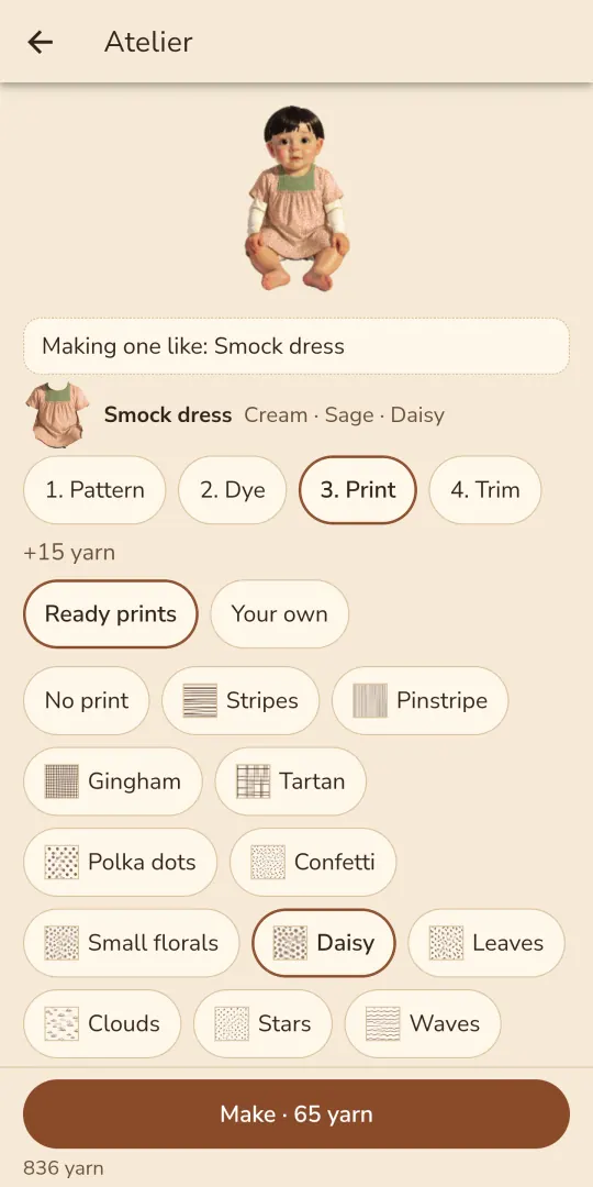 Patik atelier: a preview doll in a printed dress at the top, the Pattern, Dye, Print and Trim steps, print chips and a Make button showing the yarn cost