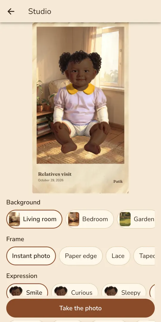 Patik studio: a photo card of a dressed doll against a living room backdrop, with background, frame and expression options below
