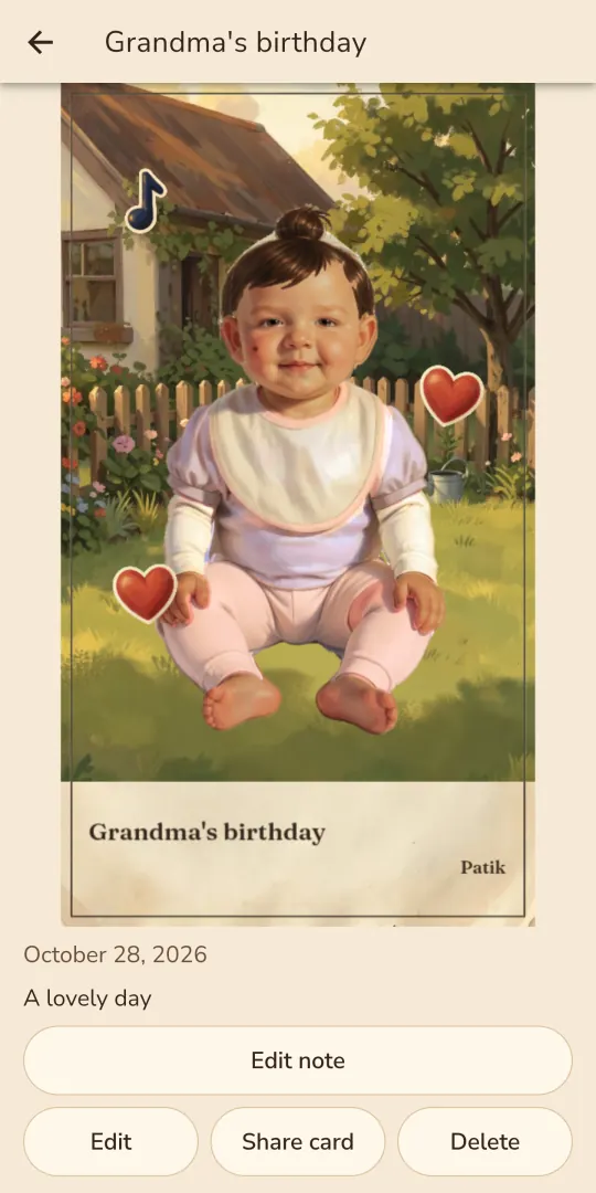 Patik Memory Book photo page: a doll in a poncho on a cobbled street, heart and button stickers, a date, a note and a Share card button