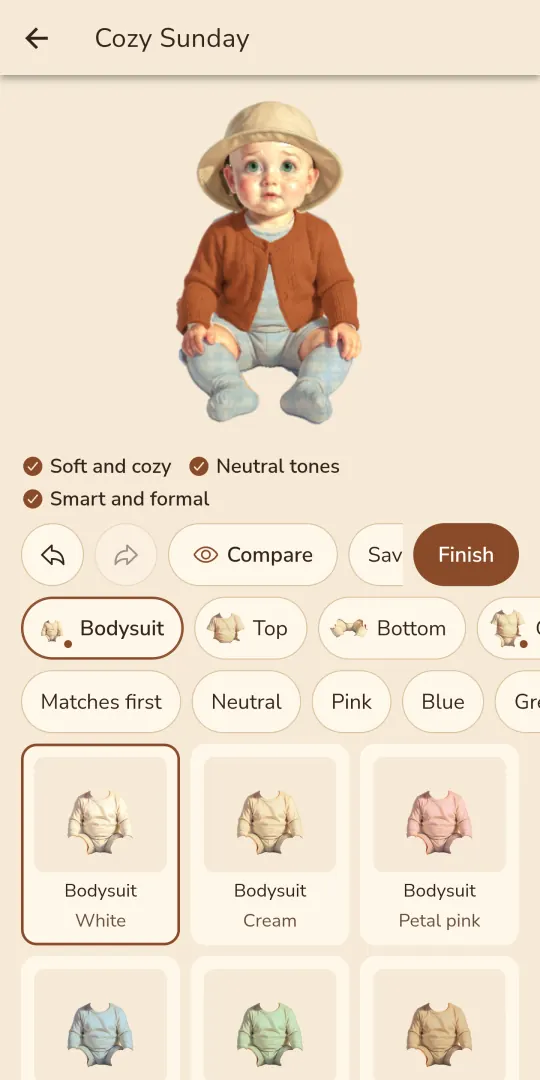Patik’s Theme of the Day order: a doll in a flower crown and dress with the theme brief checkmarks; Undo, Compare and Finish buttons and garment tiles
