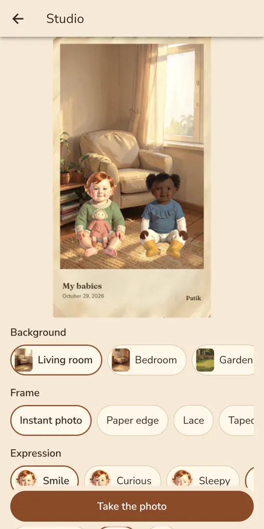 Patik studio: two dolls sitting side by side in a living room, one with a lighter and one with a darker skin tone; background, frame, expression and “add another” options