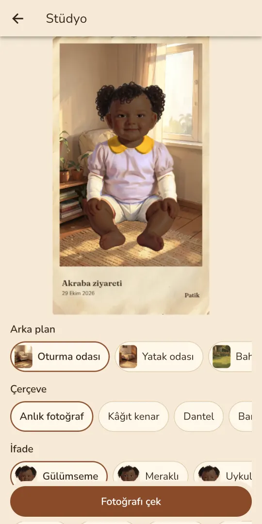 Patik stüdyosu: oturma odası arka planında giydirilmiş bebekle fotoğraf kartı; altında arka plan, çerçeve ve ifade seçenekleri