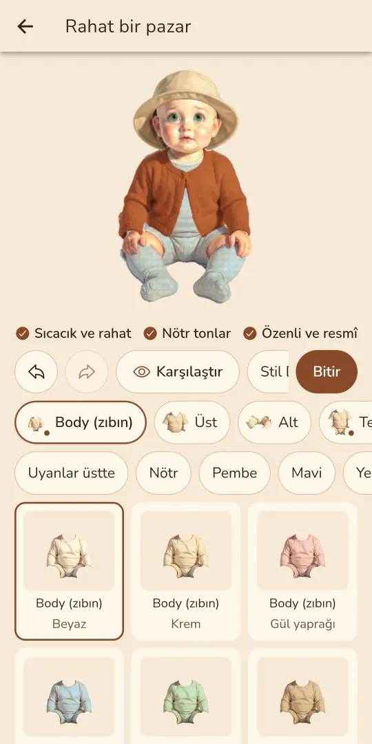 Patik’te günün teması siparişi: tema brifi tikleriyle çiçek tacı ve elbise giymiş bebek; Geri al, Karşılaştır, Bitir düğmeleri ve giysi karoları