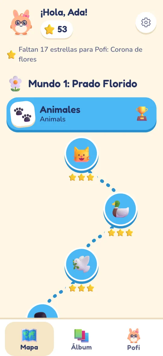 Pofi map with a Spanish interface: a greeting to Ada with 53 stars, World 1 Flower Meadow, the Animals unit and a path of starred stops
