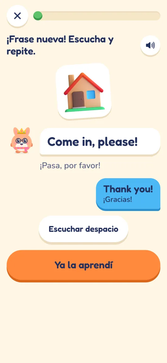 New phrase screen: a house picture, Pofi saying “Come in, please!”, the reply “Thank you!” and a slow-listening button