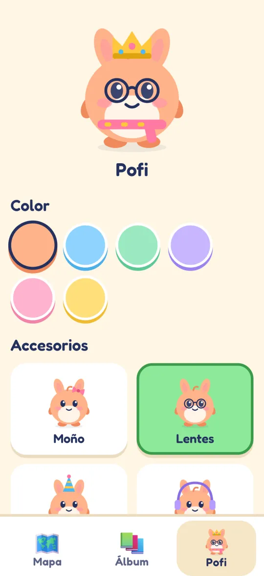 Pofi with a crown, glasses and a scarf; a row of six colors and accessory cards such as a bow and glasses
