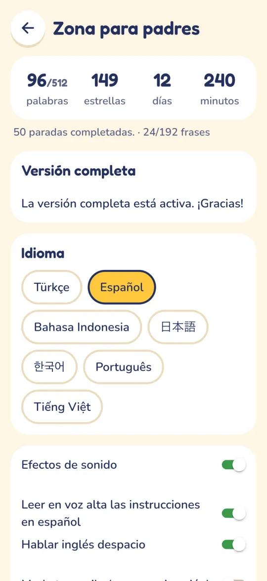 Parent area: 96 words, 149 stars, 12 days and 240 minutes; full version active, the seven instruction languages and settings switches