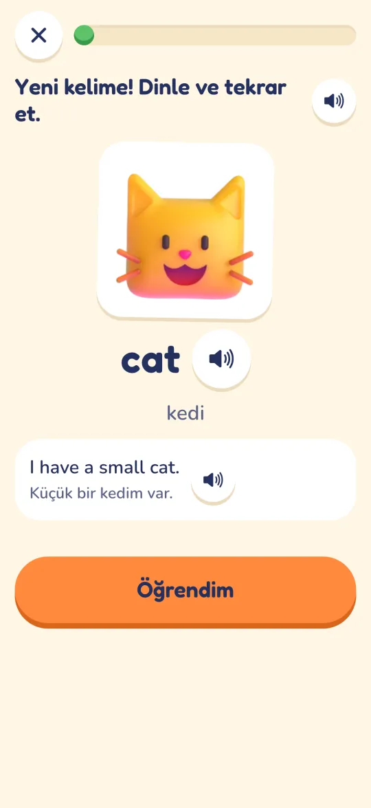 Yeni kelime ekranı: kedi çıkartması, hoparlör düğmeli İngilizce “cat” kelimesi, Türkçesi ve “I have a small cat.” örnek cümlesi