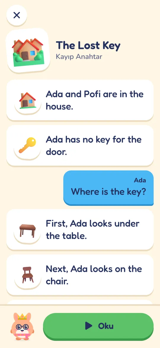 “The Lost Key” resimli hikâyesi: Ada ile Pofi evde anahtarı arıyor; “Where is the key?” konuşma balonu ve Oku düğmesi