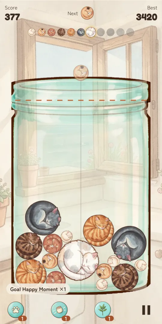Purrbor jar screen: Score 377, Next cat and Best 3420 at the top with the size strip; tabby, ginger, smokey and white cat balls asleep at the bottom of the jar, a “Goal Happy Moment ×1” label and three helper buttons