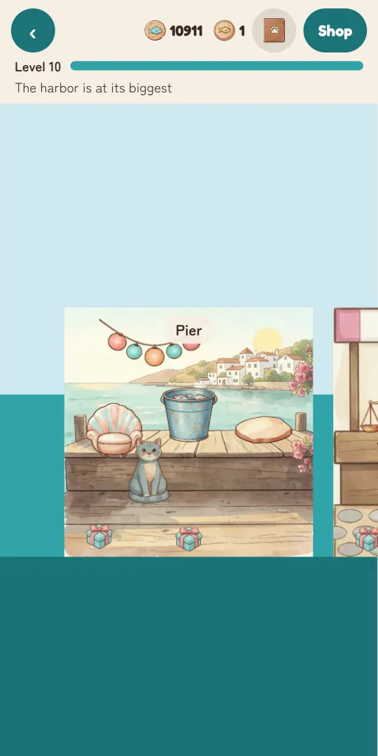 Purrbor harbor at Level 10, “The harbor is at its biggest”: the Pier with a shell armchair, a bucket and a cushion, a grey cat sitting on the boards and two gift boxes; fish counter and Shop button at the top
