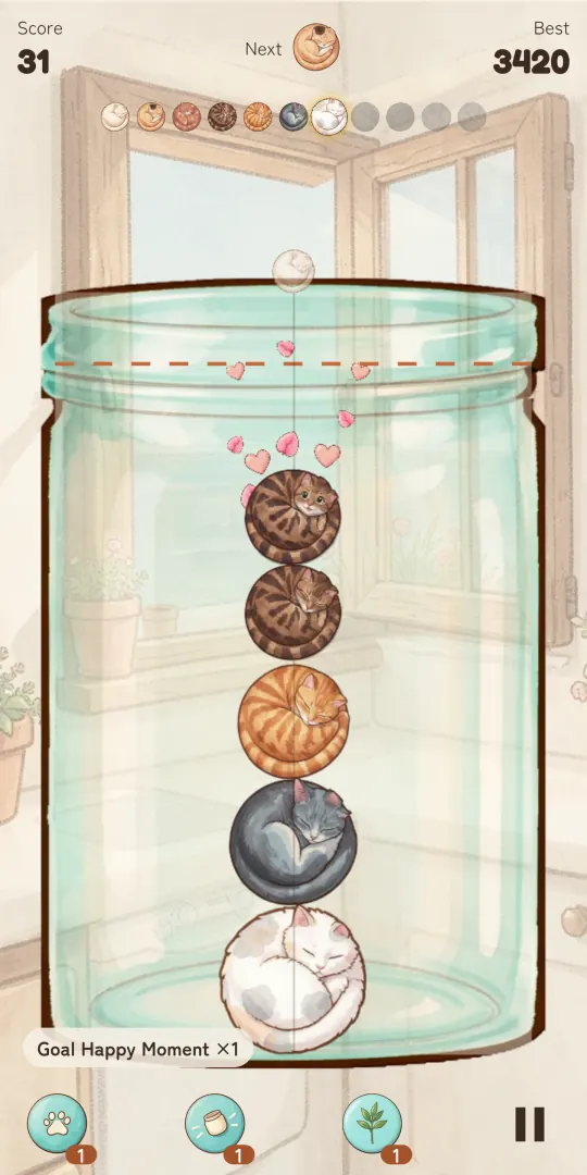 Merges in a row in Purrbor: white, smokey, ginger and two tabby cat balls stacked in the jar, with pink hearts around the top tabby