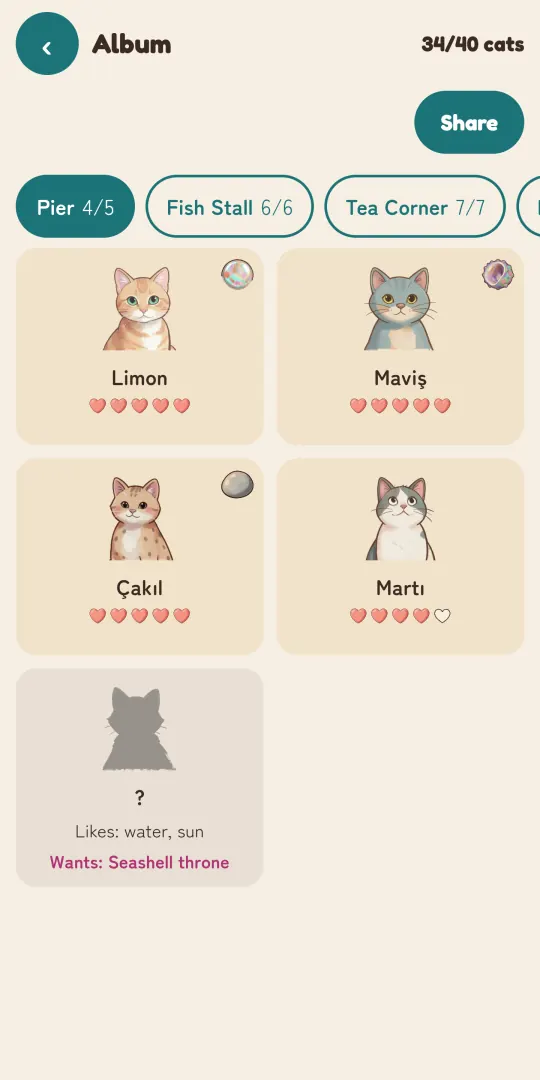 Purrbor album, 34/40 cats: Limon, Maviş, Çakıl and Martı cards with their hearts on the Pier tab; an unknown cat shown as a silhouette with what it likes and the item it wants, and a Share button