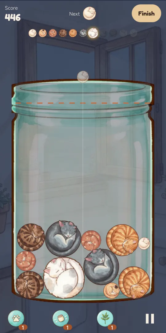 Purrbor Cozy mode in night colours: Score 446, the next cat, a Finish button and cat balls asleep at the bottom of the jar