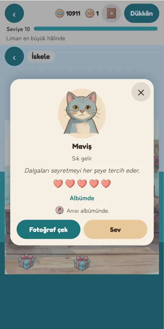 Purrbor misafir kartı: Maviş, “Sık gelir”, “Dalgaları seyretmeyi her şeye tercih eder”, beş dolu kalp, “Anısı albümünde”, Fotoğraf çek ve Sev düğmeleri