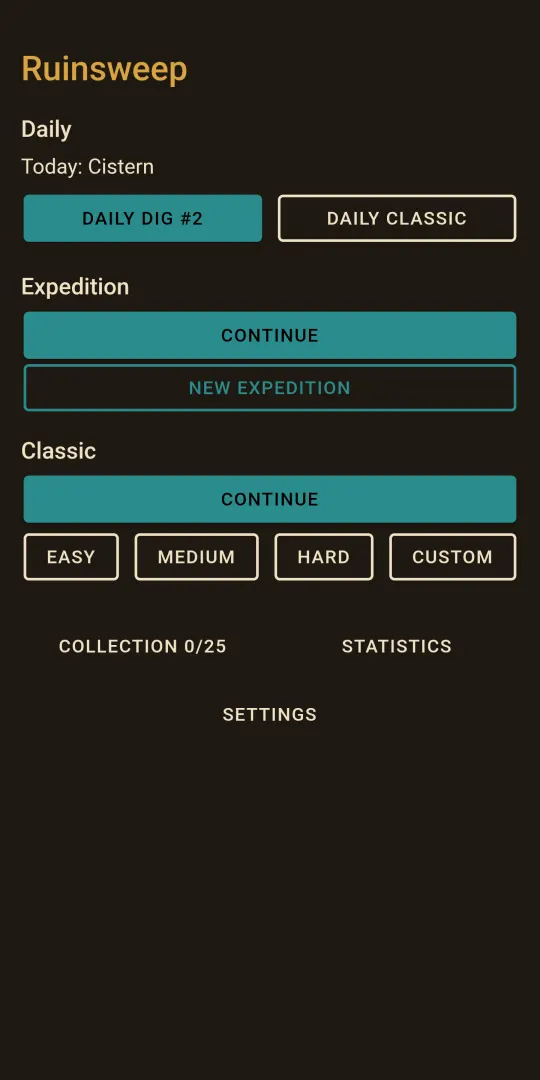 Ruinsweep main menu: today’s region Cistern, Daily Dig and Daily Classic, Expedition and Classic difficulties, a 25-relic collection