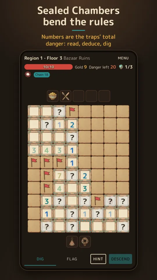 Ruinsweep Expedition, Region 1 Floor 3, Bazaar Ruins: health bar, gold, danger-left and relic-shard counters, a Chain 18 badge, a seal, tool and relic slots, a half-cleared board