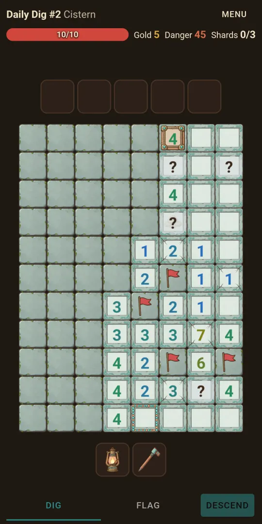 Ruinsweep Daily Dig #2 in the Cistern: health bar, gold and danger counters, flagged traps, fog tiles, Lantern and Sturdy Pick tools