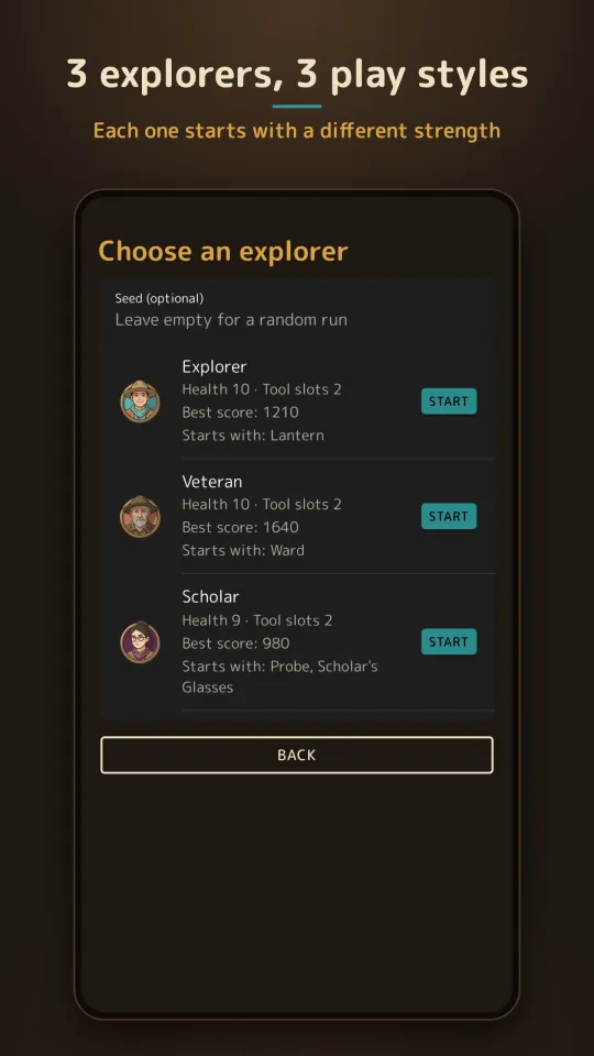 Ruinsweep explorer select: Explorer, Veteran and Scholar with health, tool slots, best score and starting gear, plus an optional seed field