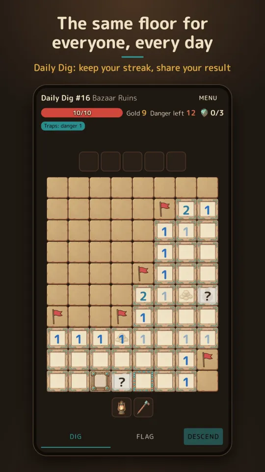 Ruinsweep Daily Dig #16 in the Bazaar Ruins: health bar, gold and danger-left counters, a “Traps: danger 1” label, opened tiles, flagged traps, lantern and pick tools