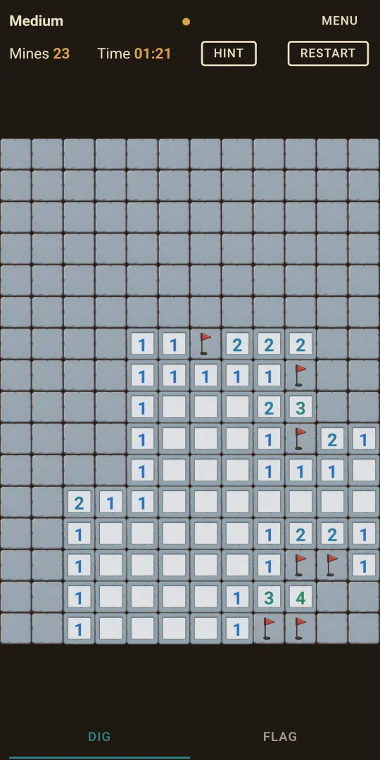 Ruinsweep Classic mode: a no-guess Medium board with flagged mines, the remaining-mine counter and a timer