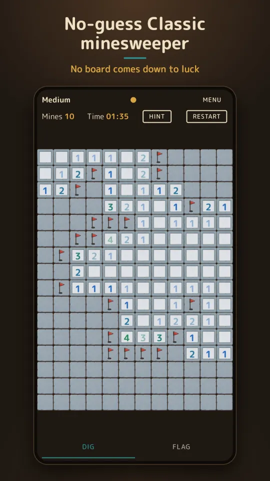 Ruinsweep Classic mode: a no-guess Medium board with flagged mines, the remaining-mine counter, a timer, and Hint and Restart buttons