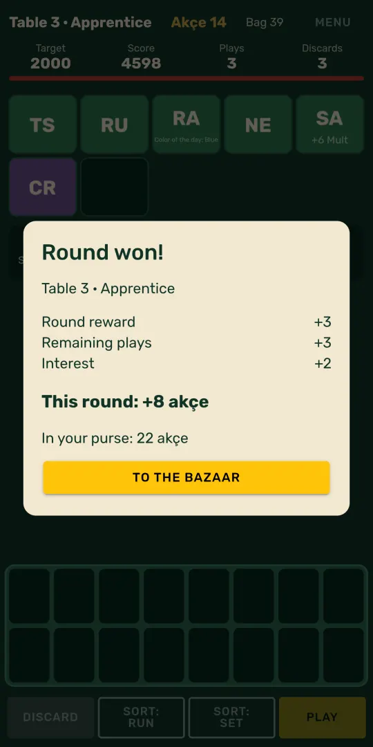 Tile Breaker round-won screen: round reward, remaining plays and interest in akçe