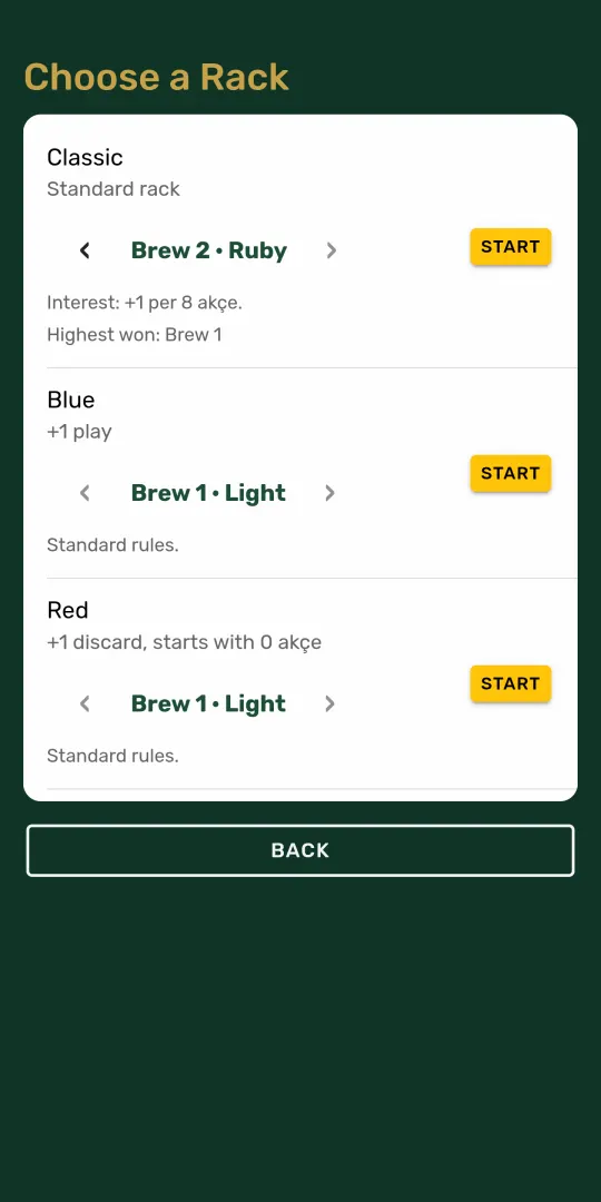 Tile Breaker rack selection: Classic, Blue and Red racks with Brew level
