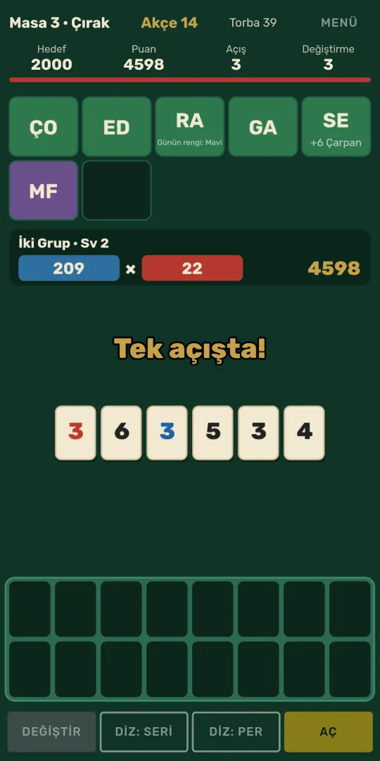 Tile Breaker’da İki Grup eli: 209 Değer × 22 Çarpan = 4598 puan, “Tek açışta!”