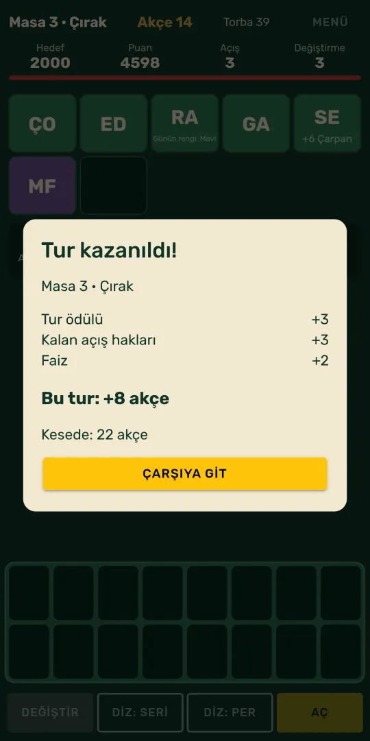 Tile Breaker tur kazanıldı ekranı: tur ödülü, kalan açış hakları ve faizle toplam akçe