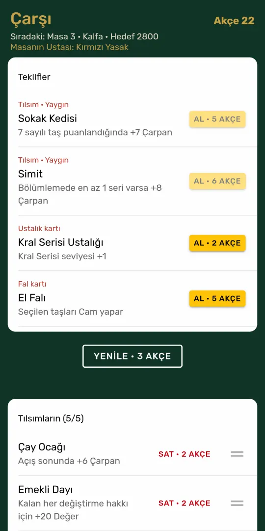 Tile Breaker çarşısı: tılsım, ustalık kartı ve fal kartı teklifleri, sahip olunan tılsımlar