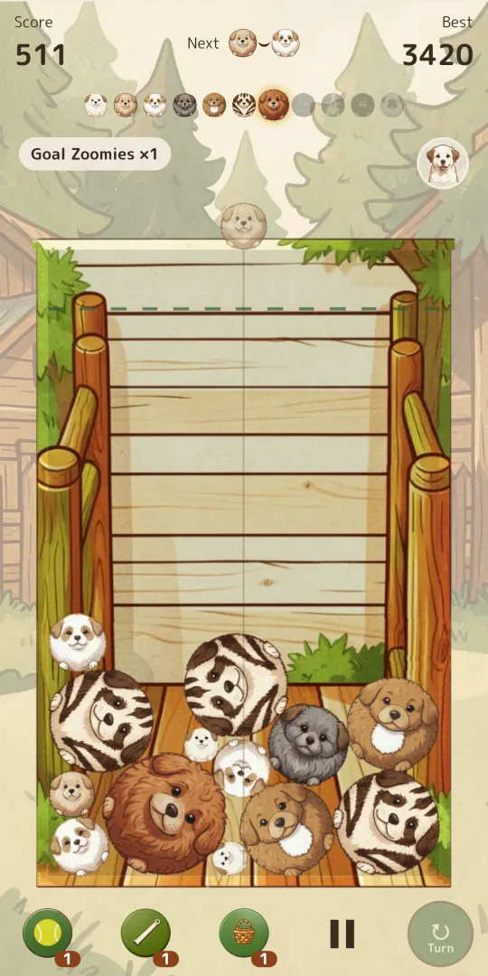 Wagglewood park screen: Score 511, the next littermate pair and Best 3420 at the top with the size strip, a “Goal Zoomies ×1” label and the park buddy portrait; chubby puppy balls of different sizes at the bottom of the wooden-fenced park, and Ball, Whistle, Basket and Turn buttons