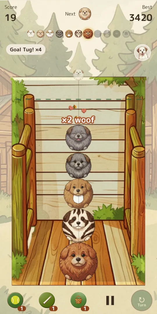 Merges in a row in Wagglewood: five puppy balls stacked in the park, a “×2 woof” label and hearts above them, and a “Goal Tug! ×4” label
