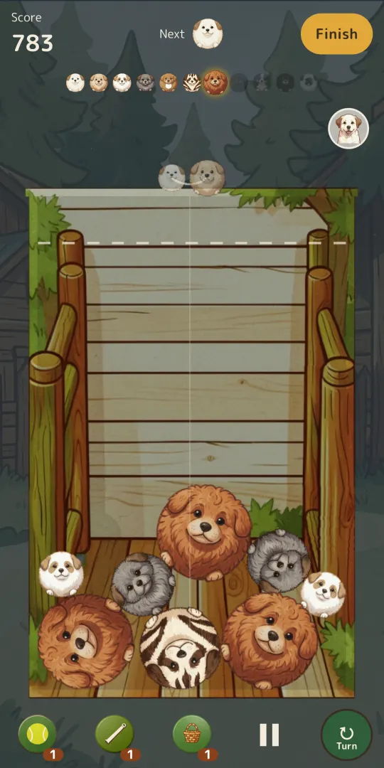 Wagglewood Nap mode in night colours: Score 783, a leashed littermate pair ready to drop, a Finish button and puppy balls dozing at the bottom of the park